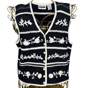 The Villager Vintage Floral Embroidered Knit Sweater Vest Cardigan - Button Up